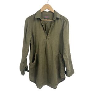 For Cynthia Olive Green 100% Linen Beach Shirt Small Ruffle Pocket Swim Cover